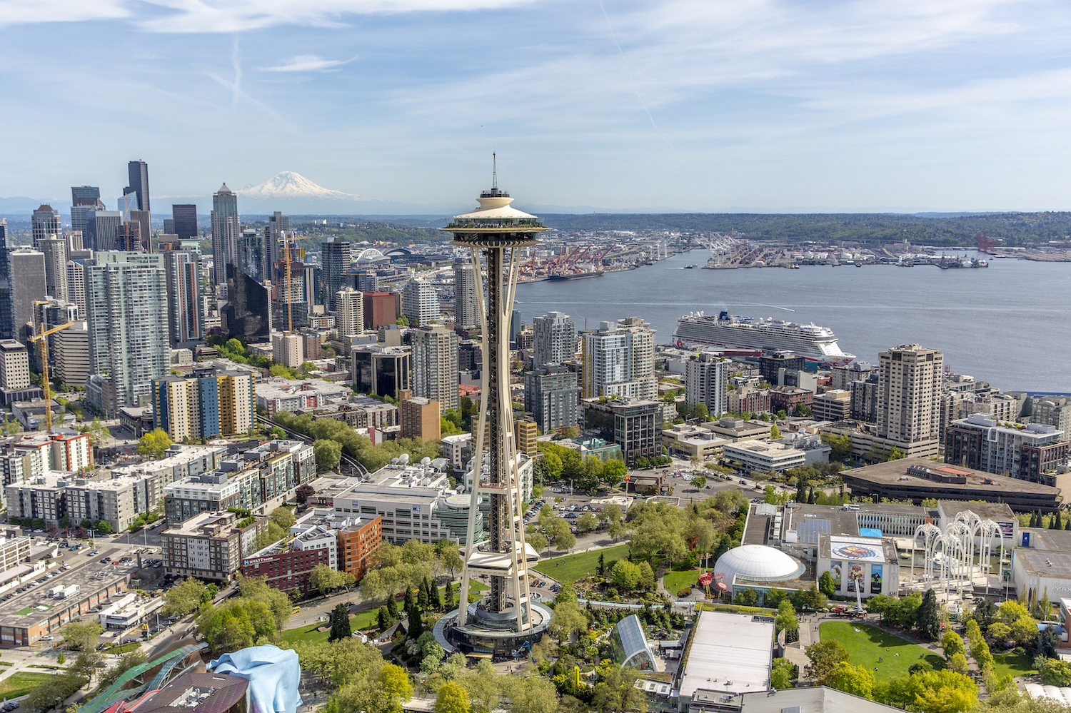 Aerial view of Seattle cityscape with the Space Needle and waterfront